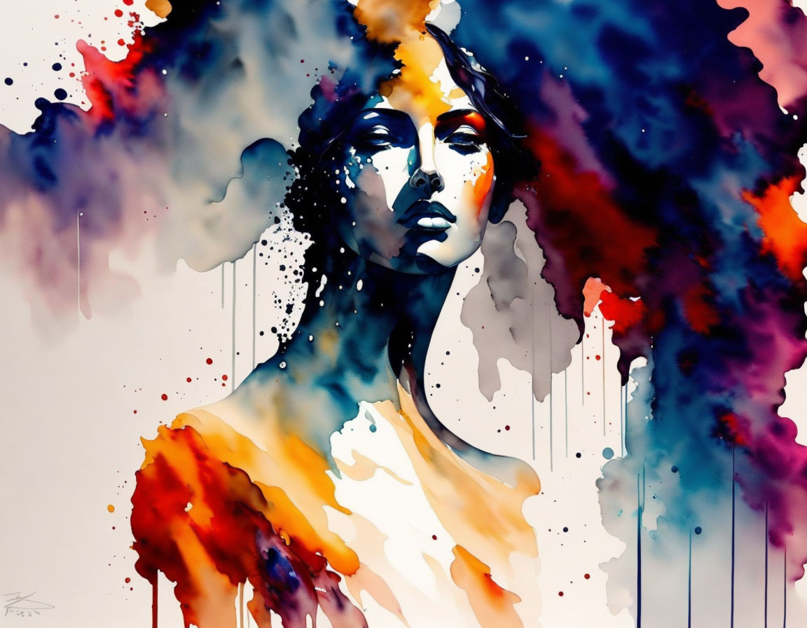 Colorful Watercolor Abstract of Woman's Face with Blue, Red, and Orange Splashes