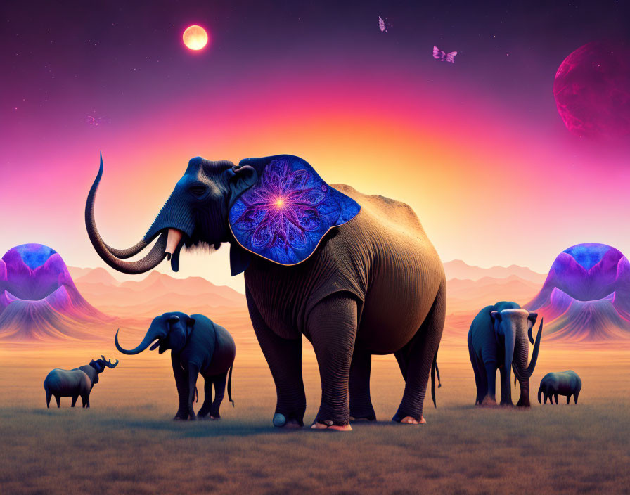 Surreal landscape with cosmic elephant and moons under purple sky