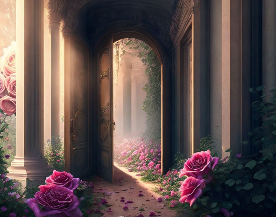 Ornate door in sunlit forest with pink roses and columns