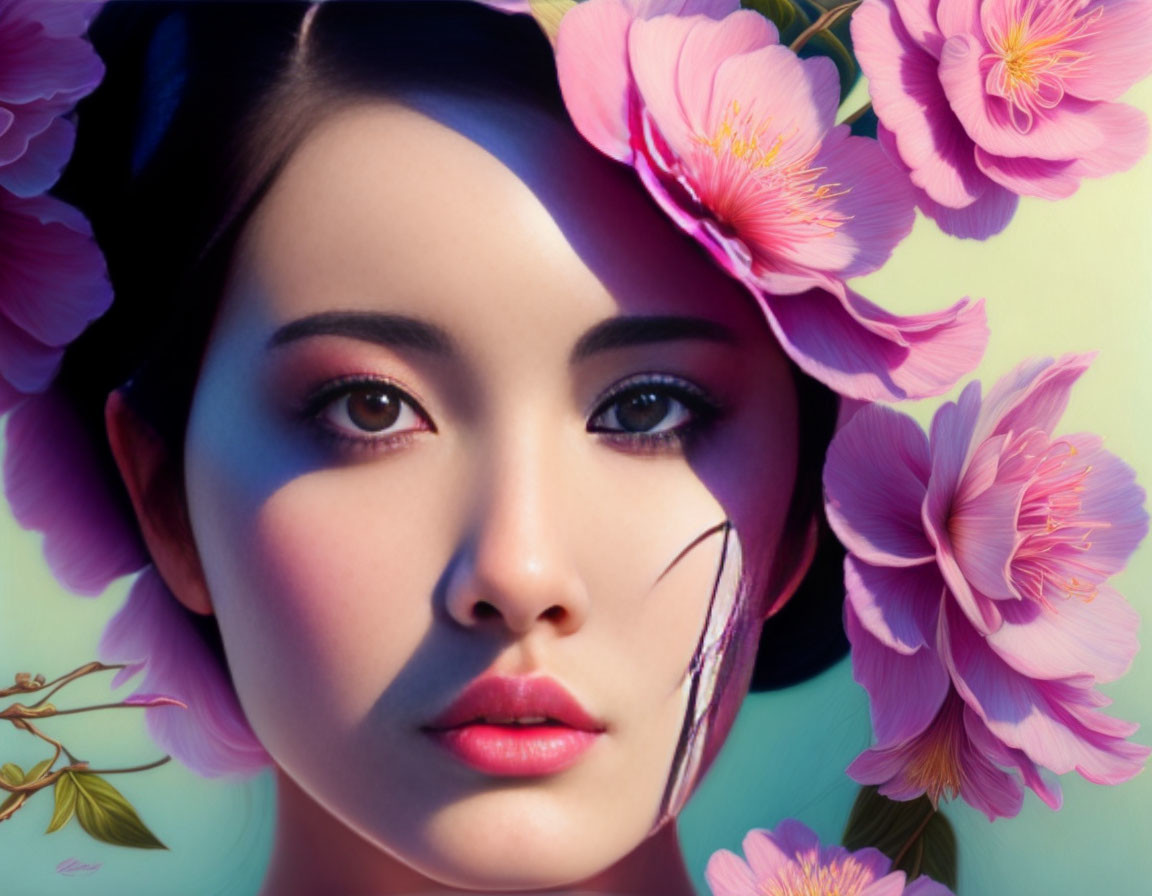 Digital painting of woman with flawless skin and cherry blossoms in hair