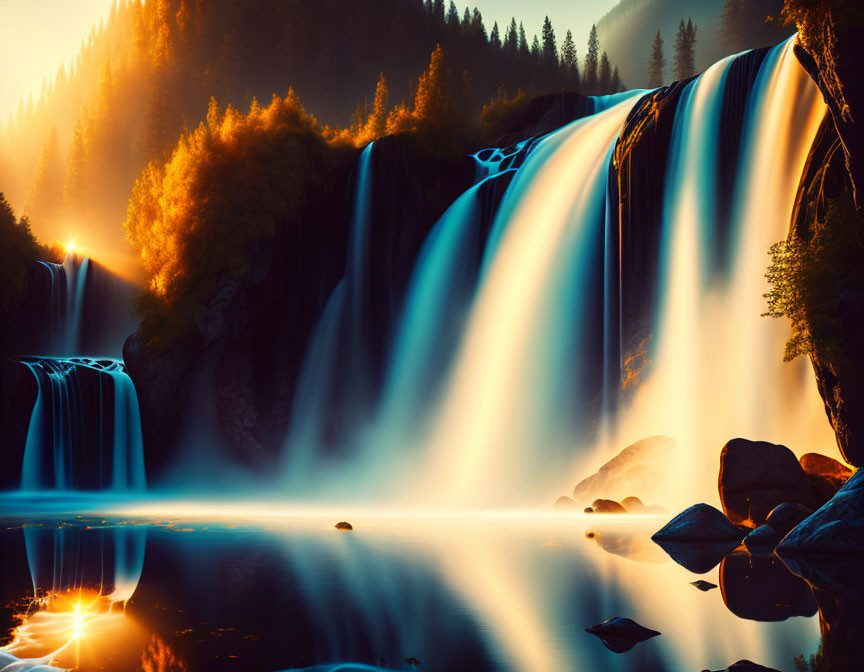 Majestic waterfall flowing into calm river under sunlit mist