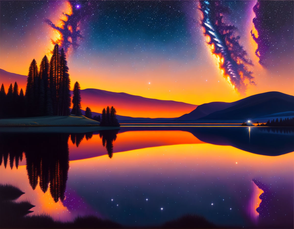 Scenic lakeside sunset with mirrored reflection, silhouetted pine trees, starry sky,