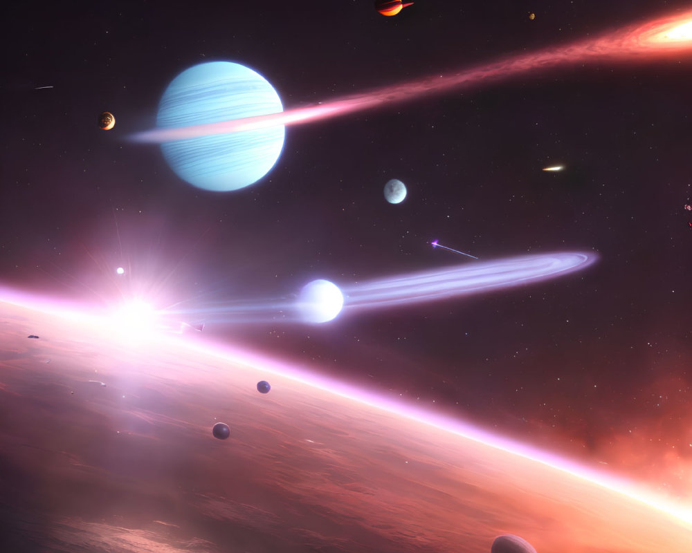 Bright star, planets, gas giant, comets in cosmic scene