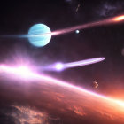 Bright star, planets, gas giant, comets in cosmic scene