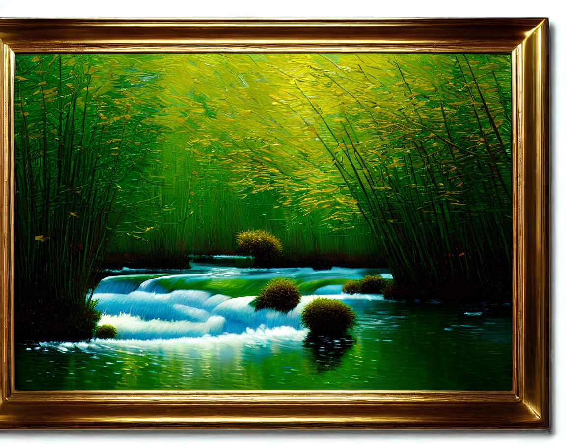Lush Green Bamboo Forest Painting with Waterfall and Pond