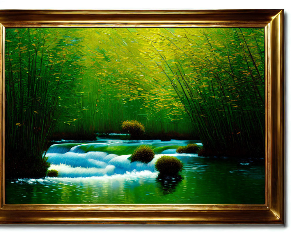 Lush Green Bamboo Forest Painting with Waterfall and Pond