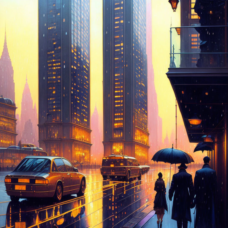 Cityscape at Dusk: Tall Buildings, Wet Streets, Pedestrians with Umbrellas