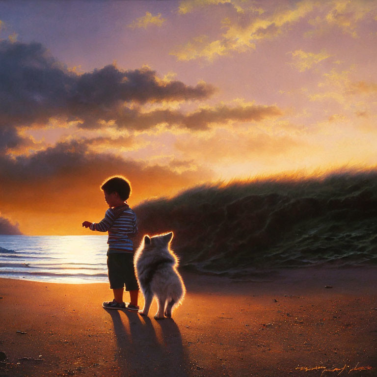 Child and fluffy dog on beach at sunset with dramatic sky