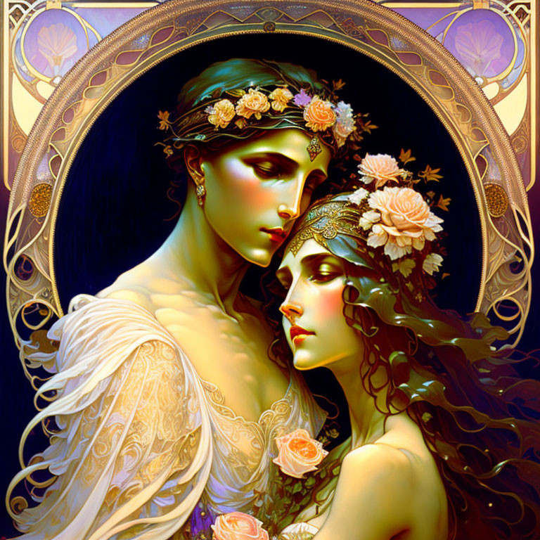 Two women in floral crowns and elegant attire in art nouveau style frame.