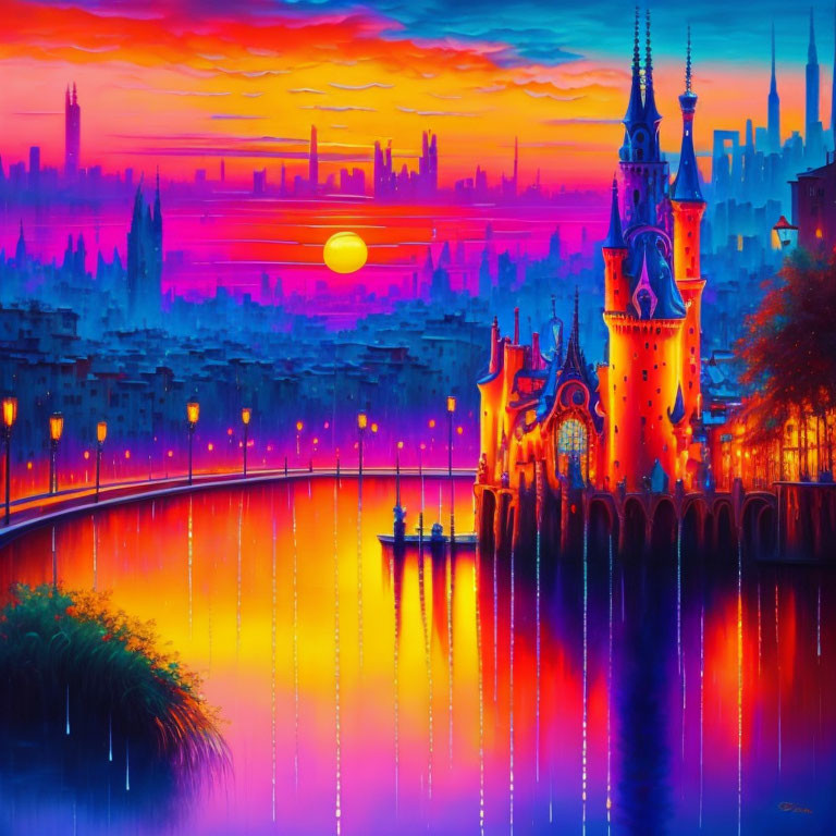 Fantasy castle painting at sunset with colorful sky and river reflections