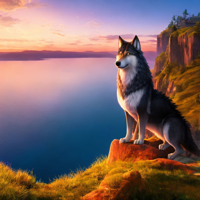 Majestic wolf overlooking calm sea at sunset