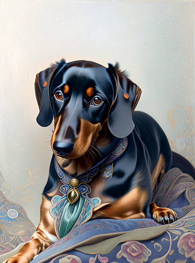 Stylized Dachshund Illustration with Glossy Coat and Decorative Collar