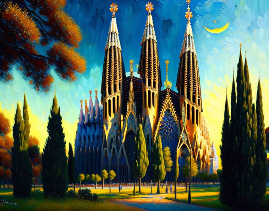 Vibrant painting: Sagrada Familia cathedral, starry sky, lush trees, glowing