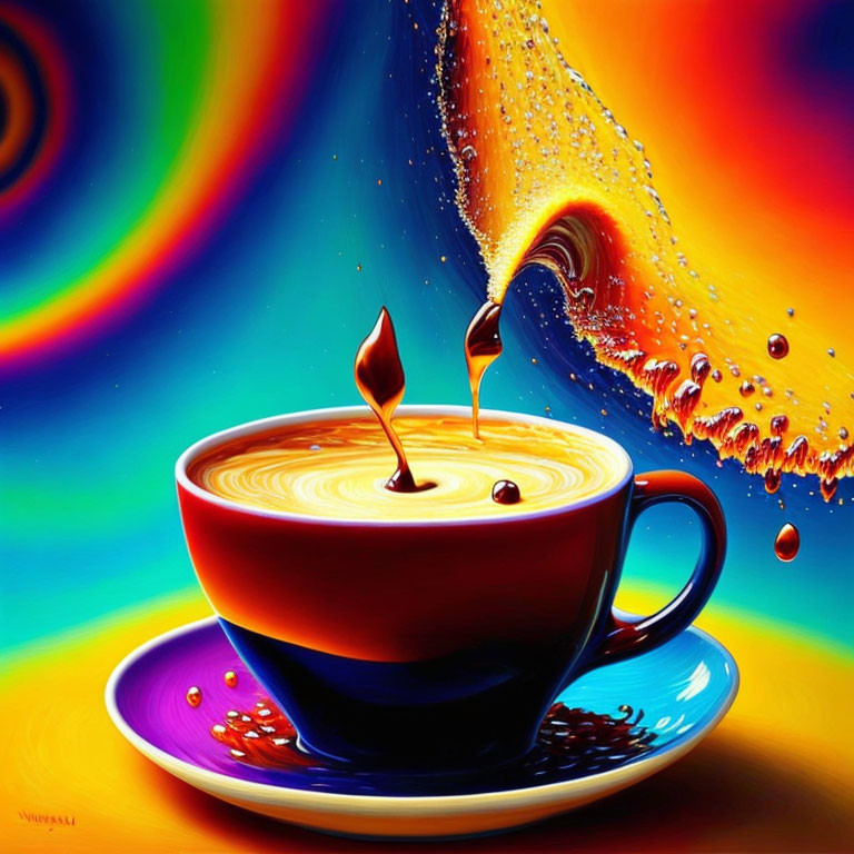 Colorful digital artwork: Cup of coffee with heart-shaped splash