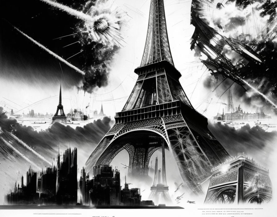 Monochromatic artwork featuring Eiffel Tower in futuristic setting