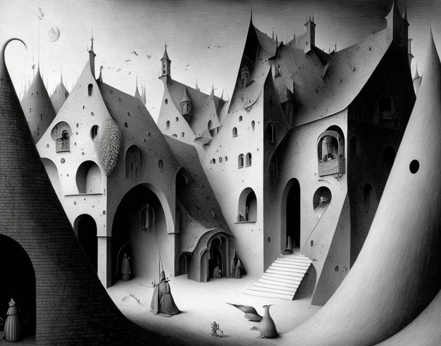 Monochrome surreal castle with whimsical details