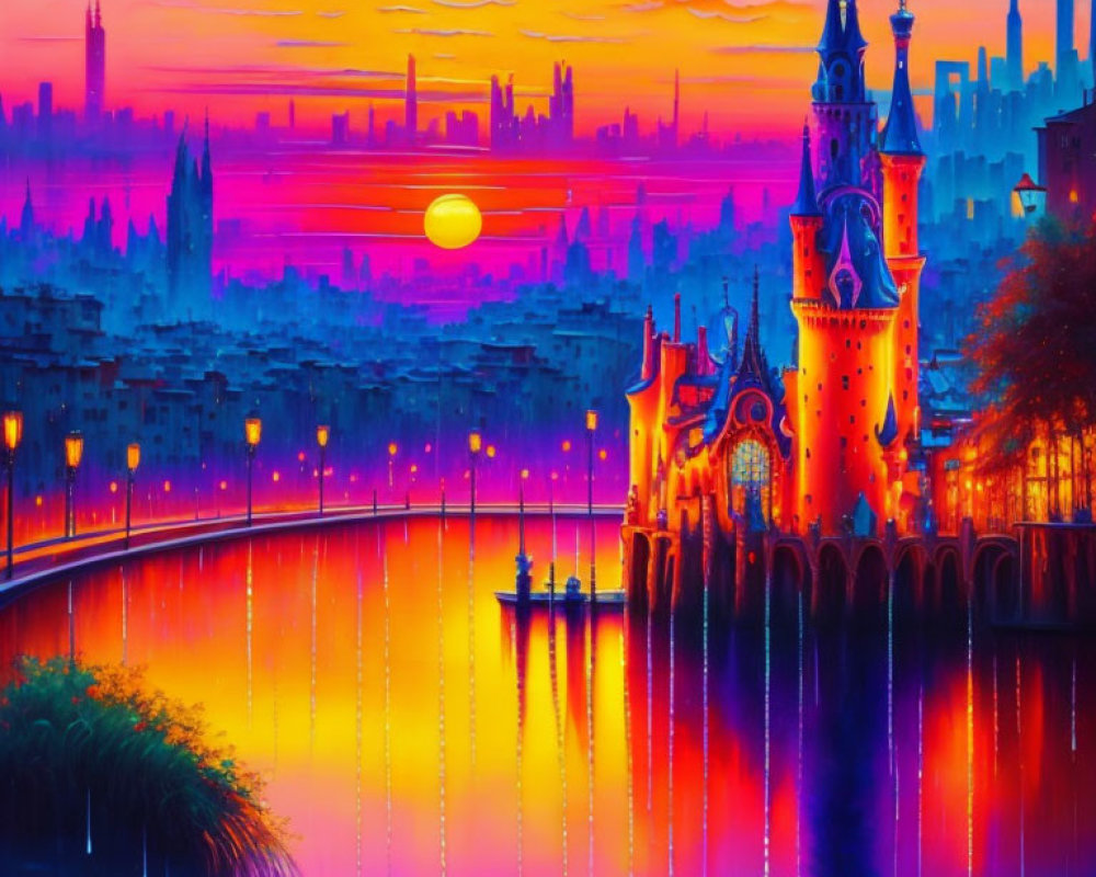 Fantasy castle painting at sunset with colorful sky and river reflections