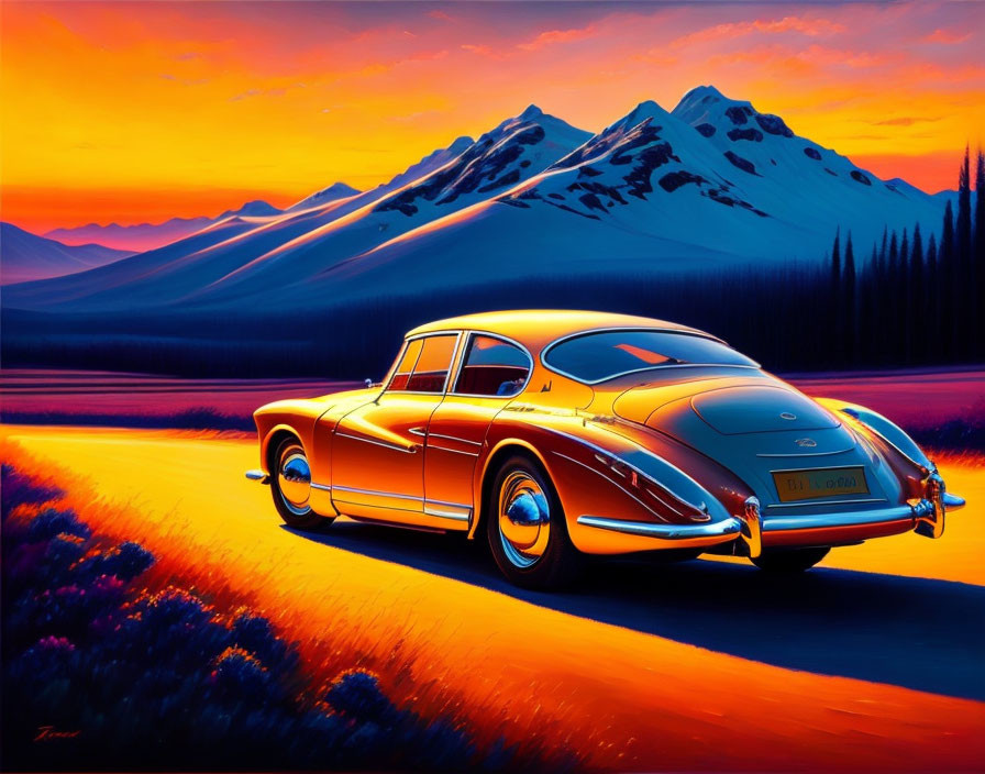 Vintage car parked near orange-lit mountains at sunset