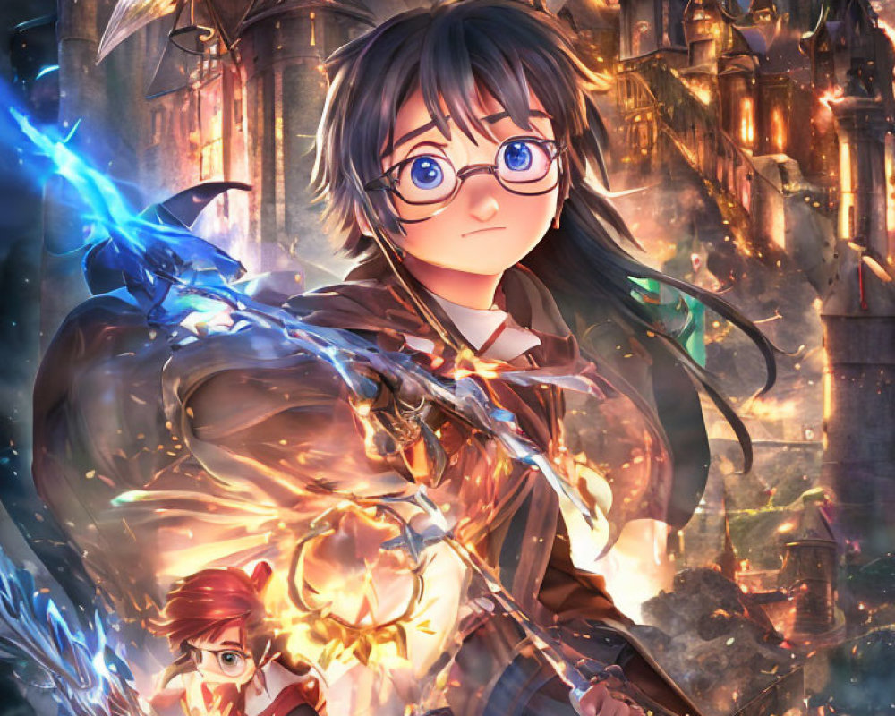 Bespectacled girl in wizard's uniform casting spells in fiery battle with male ally.