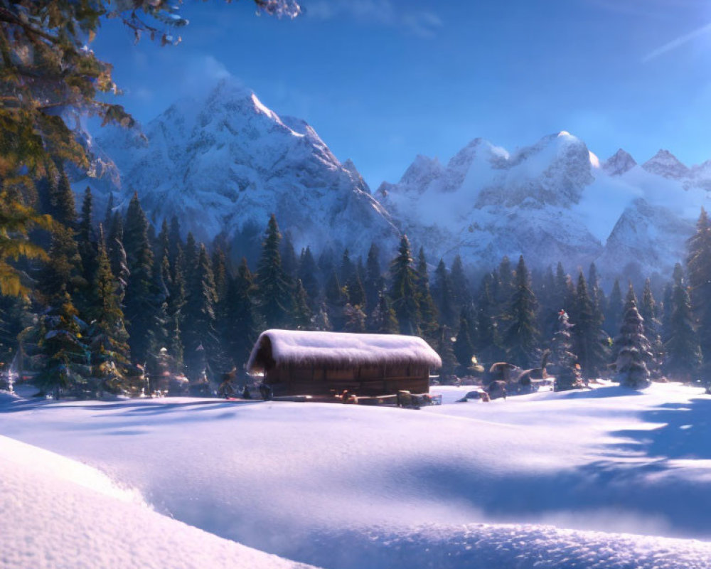 Snow-covered cabin in serene winter landscape surrounded by pine trees and sunlit mountains