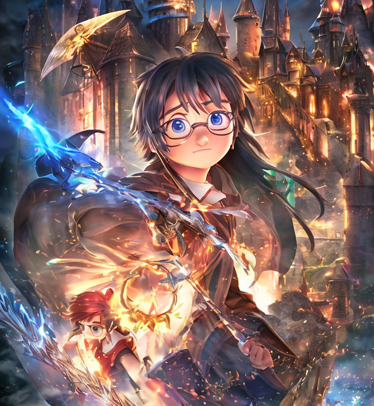 Bespectacled girl in wizard's uniform casting spells in fiery battle with male ally.