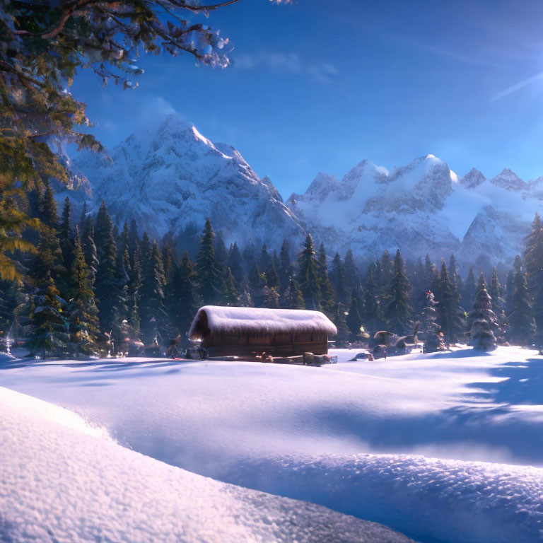 Snow-covered cabin in serene winter landscape surrounded by pine trees and sunlit mountains