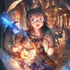 Bespectacled girl in wizard's uniform casting spells in fiery battle with male ally.