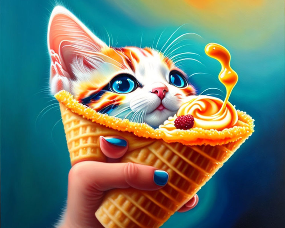 Illustration of cute kitten in waffle cone with cream and strawberry