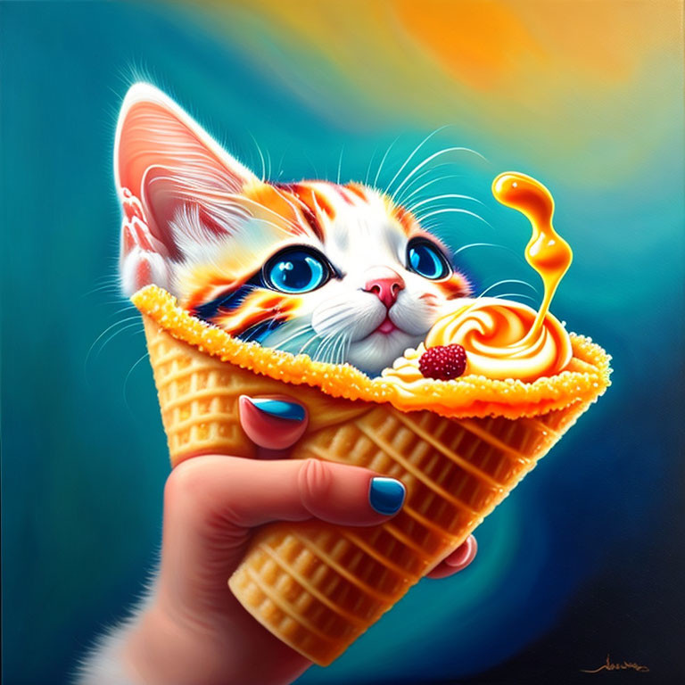 Illustration of cute kitten in waffle cone with cream and strawberry