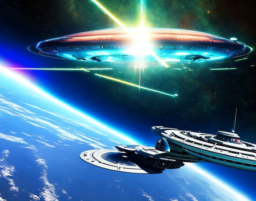 Detailed UFO in vibrant sci-fi scene above Earth