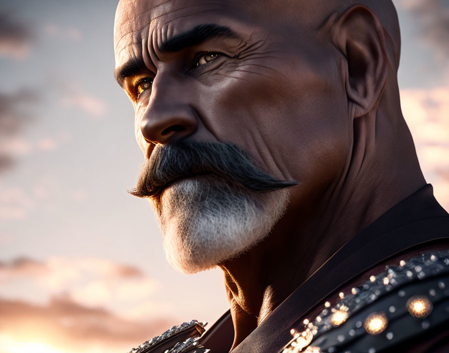 Digital artwork of stern man in military uniform at dusk