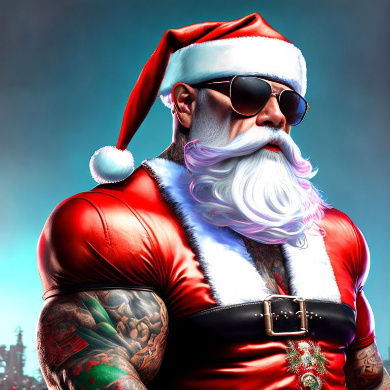 Muscular Santa Claus with tattoos and sunglasses on blue background