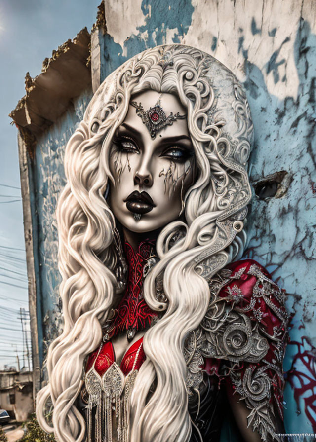 Detailed artistic portrayal of a woman with ornate makeup and jewelry in front of a dilapidated building