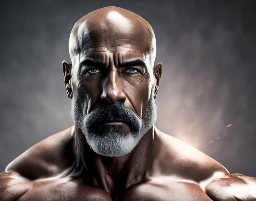 Muscular bald man with intense blue eyes and full beard on dark background