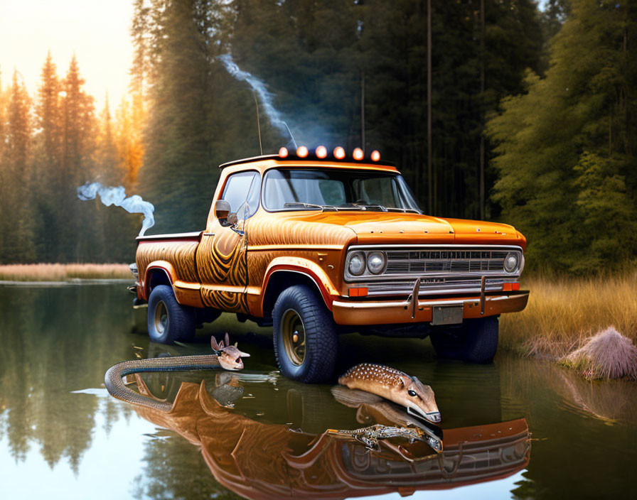 Vintage Orange Pickup Truck by Forest Lake with Alligator Reflection