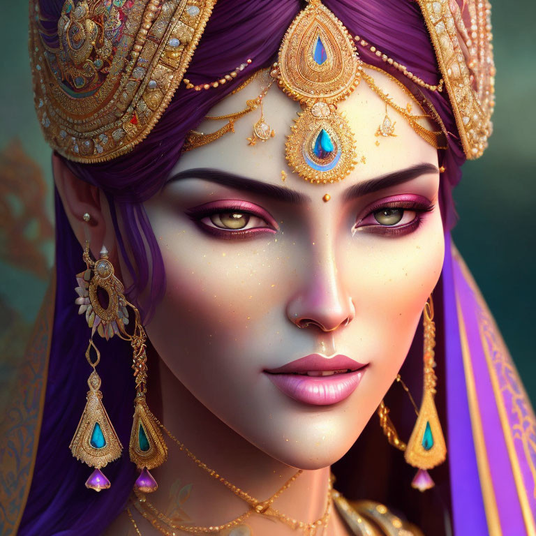 Digital artwork featuring woman with purple skin and gold/turquoise jewelry