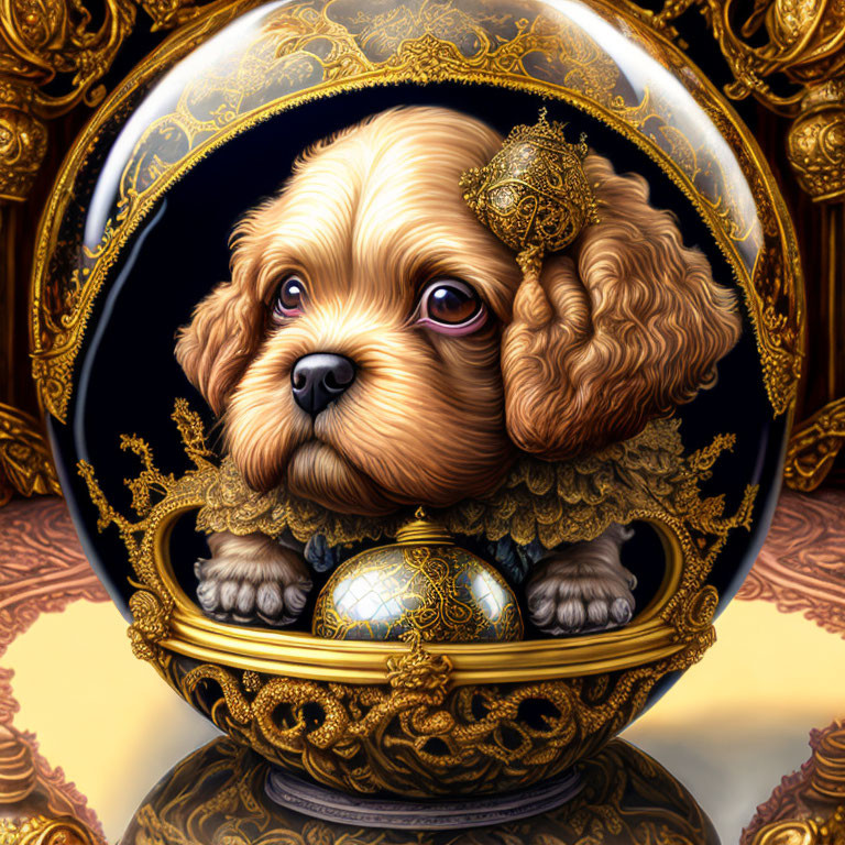 Brown puppy in ornate golden frame with big eyes holding orb