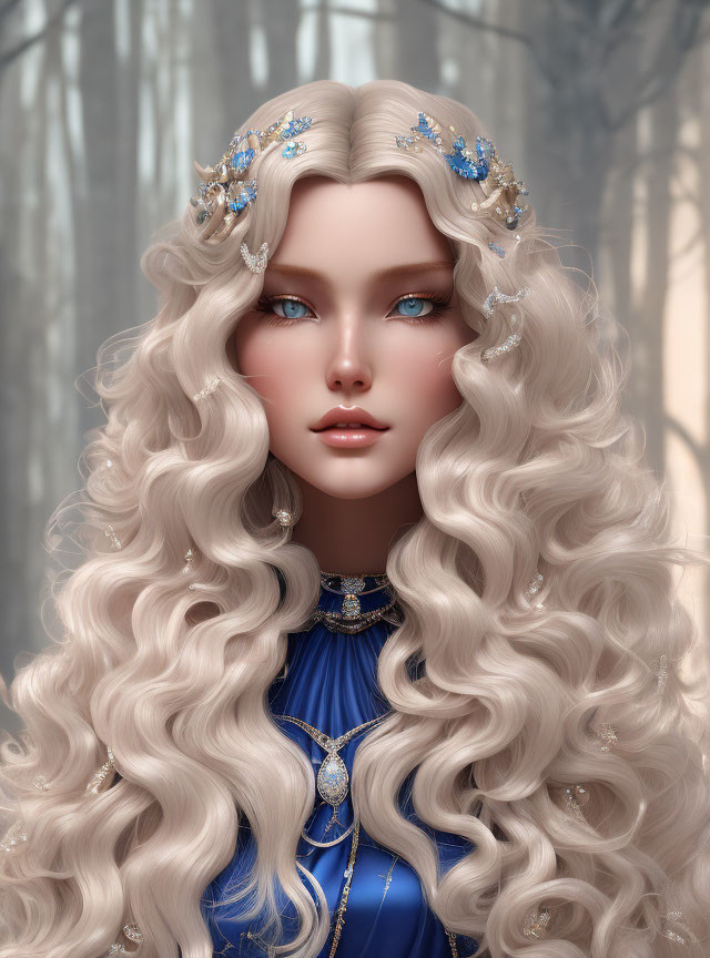 Blonde Woman Portrait with Blue Tiara and Forest Background