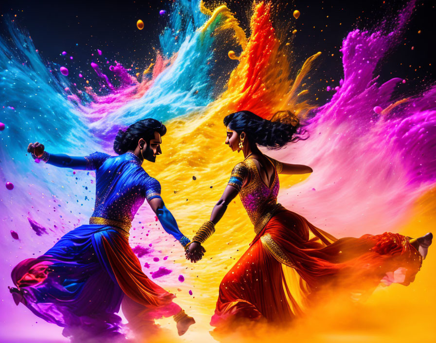 Traditional Indian attire dancers surrounded by vibrant colored powder