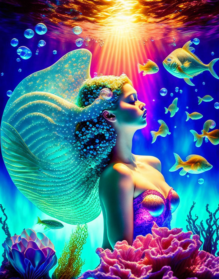 Colorful Underwater Mermaid Illustration with Glowing Aura and Marine Life