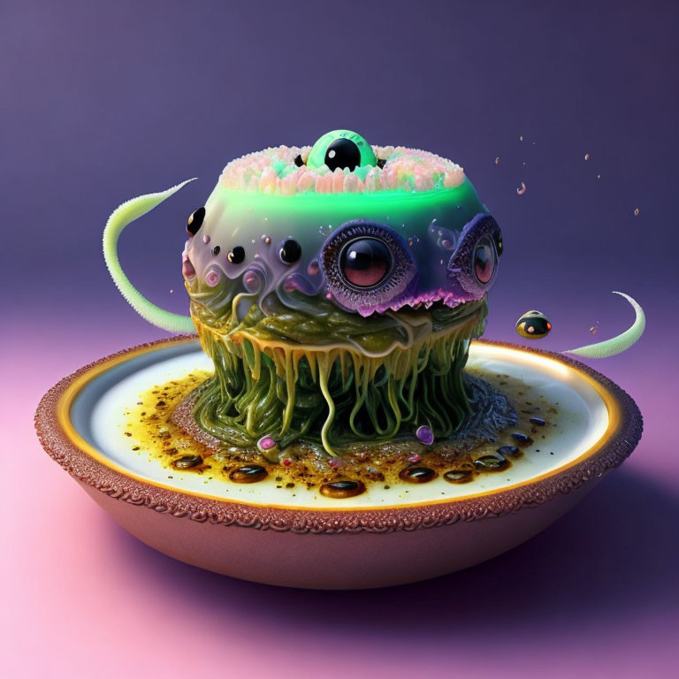 Colorful Cake Creature with Tentacles on Saucer in Purple Background