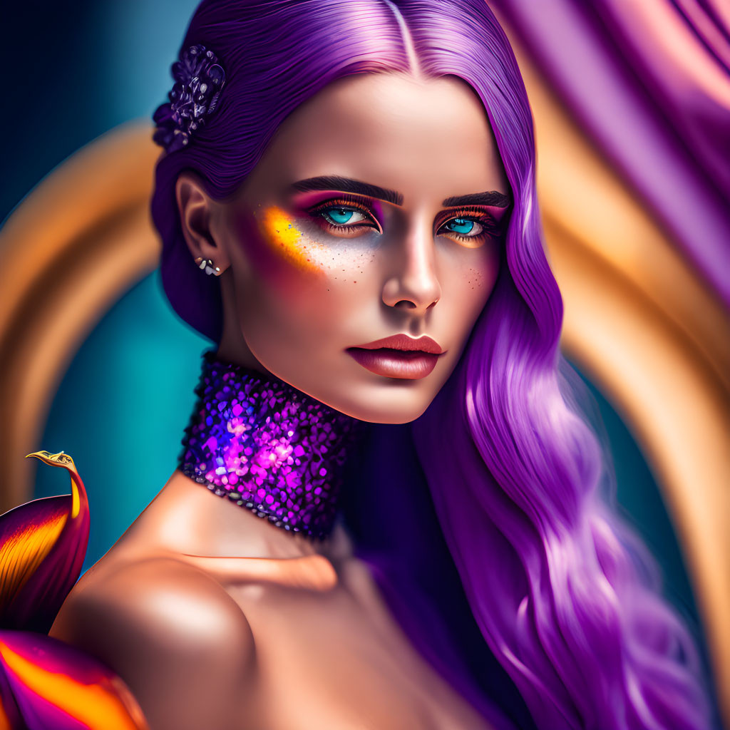 Vibrant portrait of a woman with violet hair and red eyes, bold makeup, beaded ch