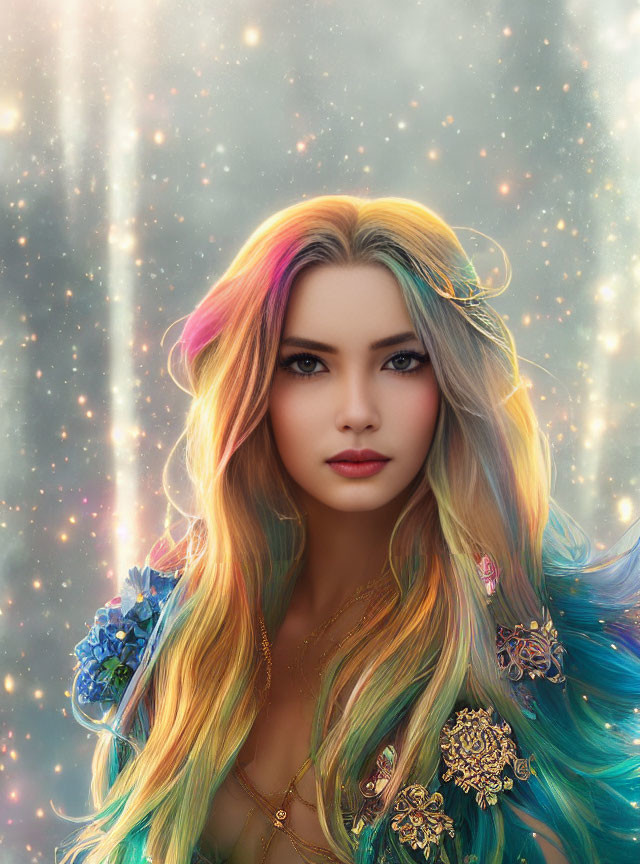 Vibrant digital artwork of a woman with multi-colored hair and intricate outfit