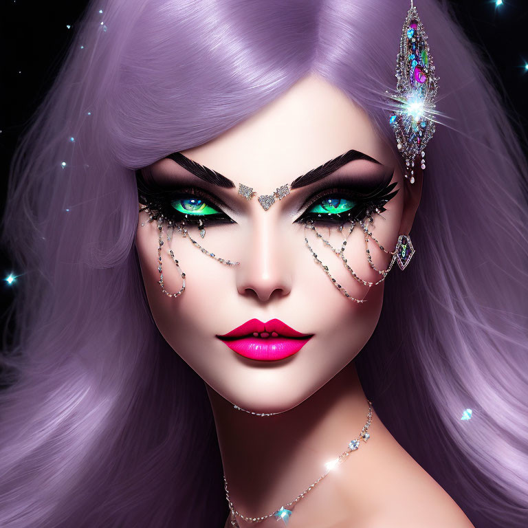 Vibrant purple hair woman with green eyes and jeweled makeup under starry background