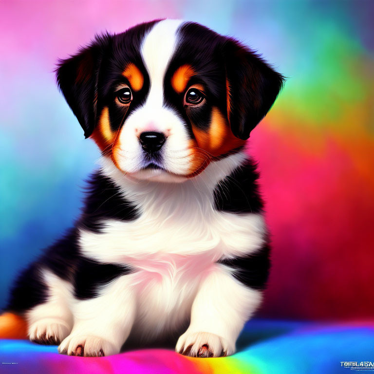 Tri-color Bernese Mountain Dog Puppy on Vibrant Background