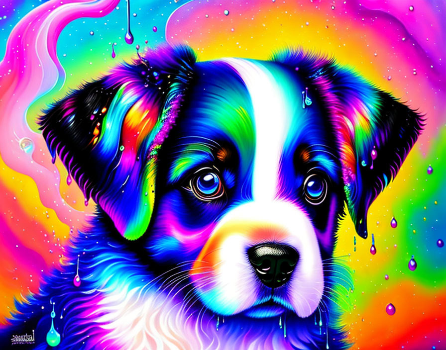 Colorful Dog Illustration with Psychedelic Rainbow Background