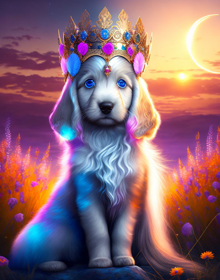 Regal puppy in jeweled crown amidst colorful flower field at sunset