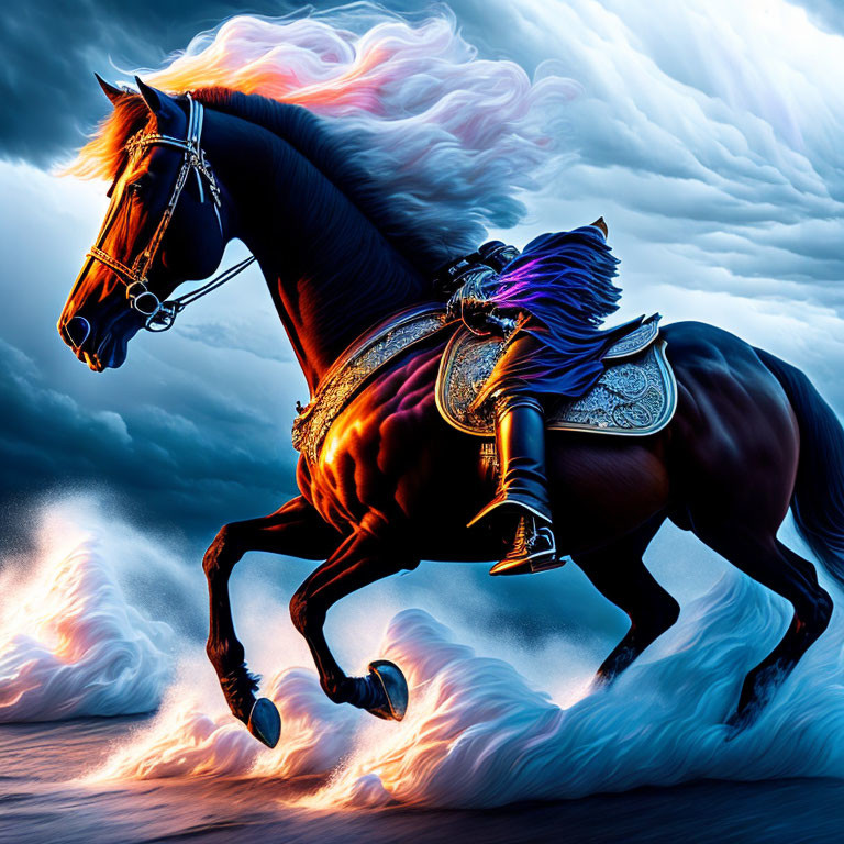 Majestic horse with fiery mane galloping in mystical clouds