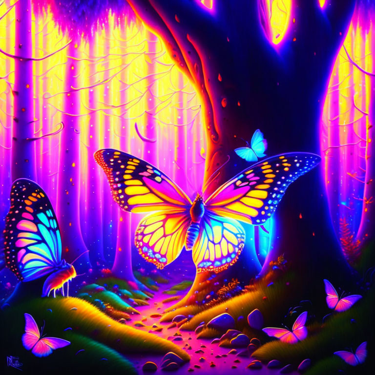 Colorful digital artwork: Glowing butterflies in neon-lit forest