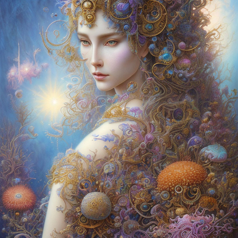 Fantasy artwork: Woman with gold filigree, deep sea creatures, mystical ocean, glowing sun